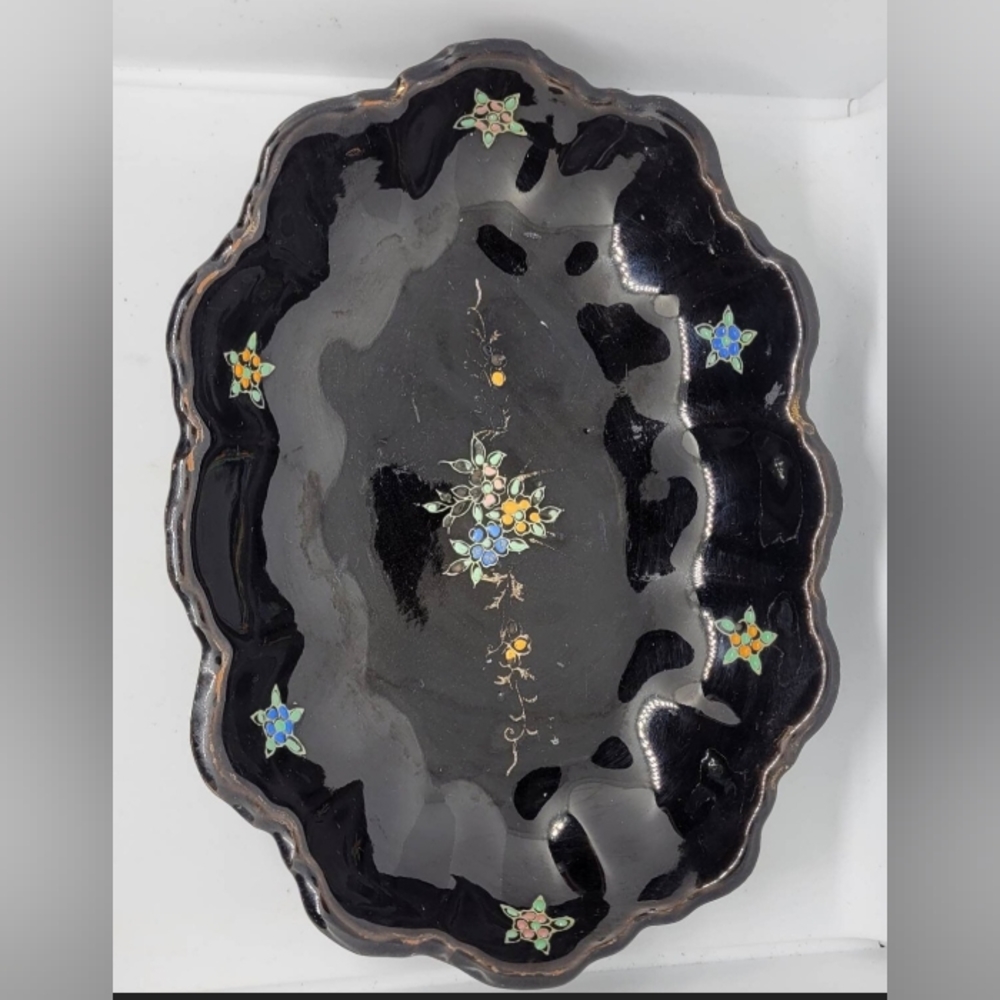 Vintage pottery, pottery, handpainted, pottery dish, Japan pottery, black dish